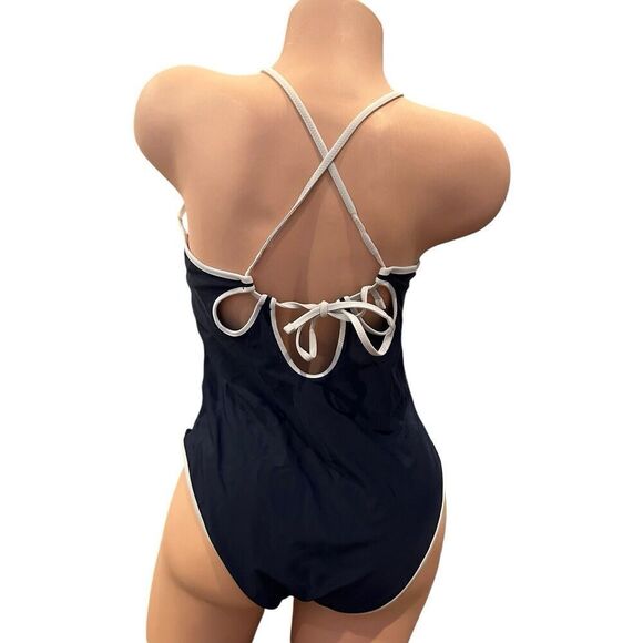 Women’s Aerie Plunge One Piece Swimsuit Navy Blue White Contrast Piping Size XL - Picture 4 of 11